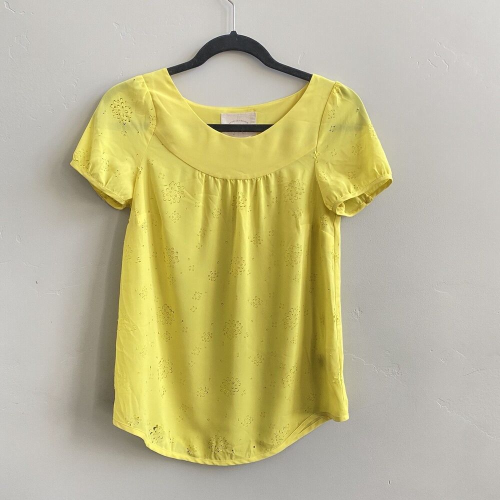 Vanessa Virginia Anthropologie Fieldbloom Peasant Top Size 0 Yellow Laser Cut